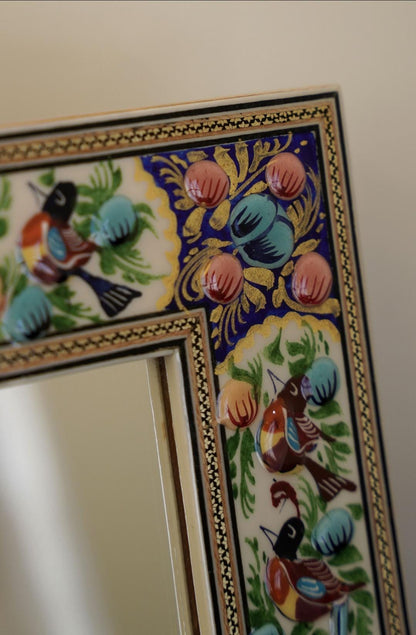 Hand-Painted Mirror with Relief Enamel Frame – Bird & Bloom Design (28×23 cm) Orange lotus