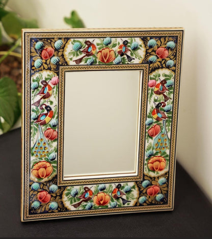 Hand-Painted Mirror with Relief Enamel Frame – Bird & Bloom Design (28×23 cm) Blue flowers and orange lotus
