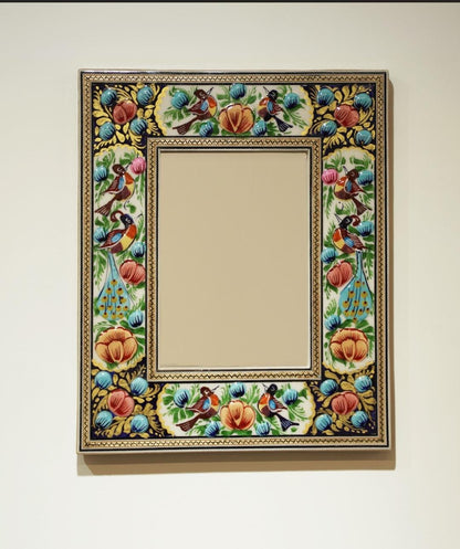 Hand-Painted Mirror with Relief Enamel Frame – Bird & Bloom Design (28×23 cm) Blue flowers and orange lotus