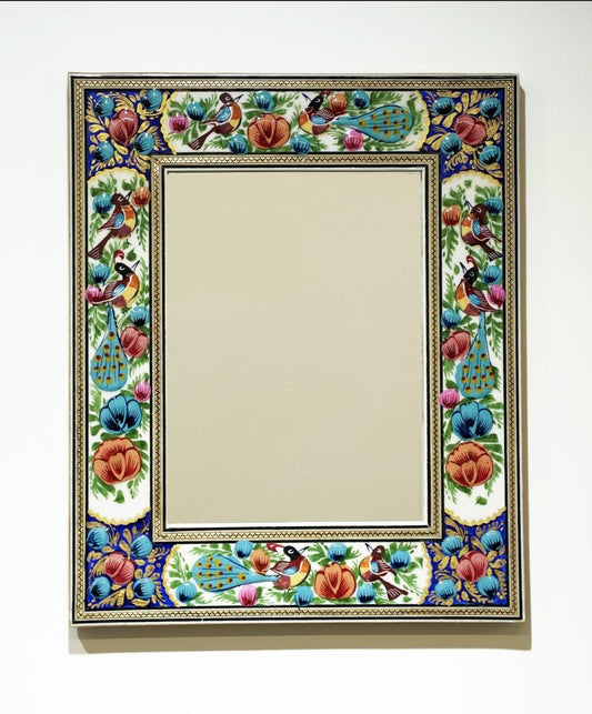 Hand-Painted Mirror with Relief Enamel Frame – Bird & Bloom Design (34×28 cm) Blue and Orang flowers