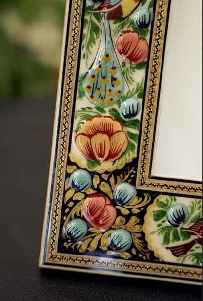 Hand-Painted Mirror with Relief Enamel Frame – Bird & Bloom Design (34x28cm) Orang and small blue