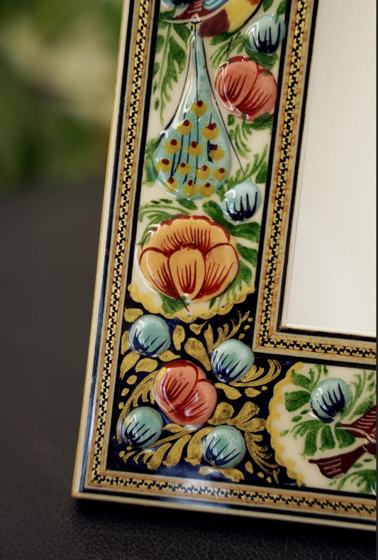 Hand-Painted Mirror with Relief Enamel Frame – Bird & Bloom Design (34x28cm) Orang and small blue