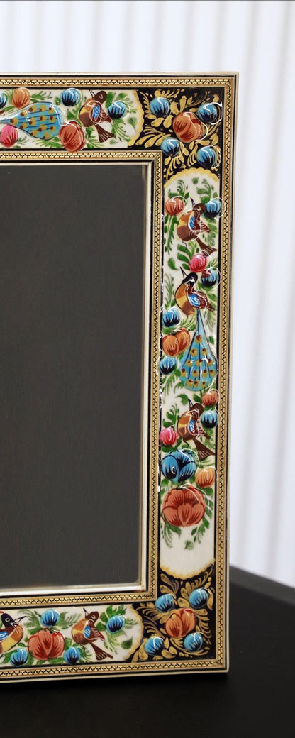 Hand-Painted Mirror with Relief Enamel Frame – Bird & Bloom Design (40.5×34.5cm) Blue flowers