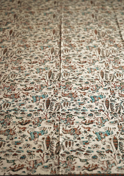 Handmade Block-Printed Tablecloth – Persian Hunting Scene | 2m × 1.35m