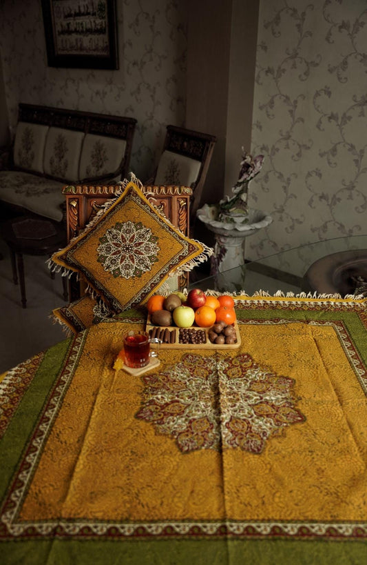 Handmade Block-Printed Tablecloth – Shamseh Motif | 122×122 cm