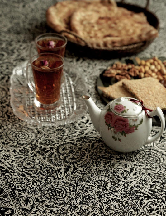 Handmade Block-Printed Tablecloth – Monochrome Floral | 206×136 cm