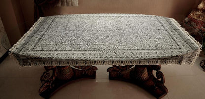 Handmade Block-Printed Tablecloth – Monochrome Floral | 206×136 cm