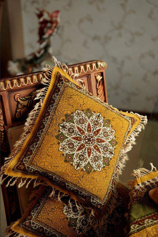 Handmade Block-Printed Cushion Cover – Shamseh Motif | 42×42 cm A set of 2)