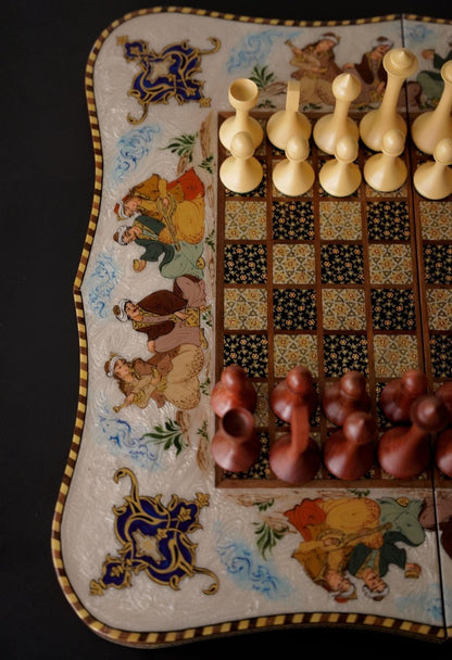 Layli o Majnun – Hand-Painted Chess & Backgammon Set with Romantic Miniature and Shamseh Motifs