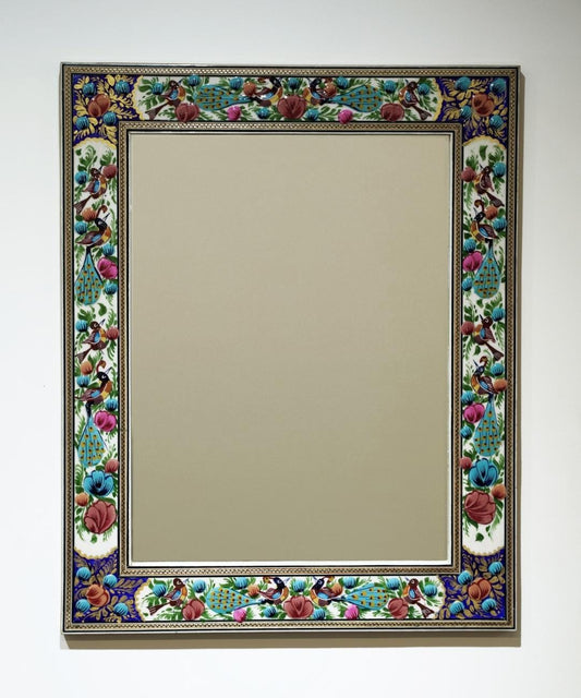 Hand-Painted Mirror with Relief Enamel Frame – Bird & Bloom Design (50×40.5 cm) Blue Flowers