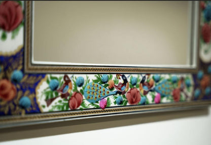 Hand-Painted Mirror with Relief Enamel Frame – Bird & Bloom Design (50×40.5 cm) Blue Flowers