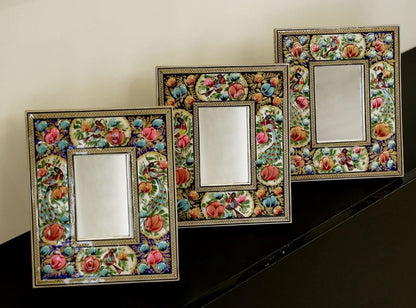 Hand-Painted Mirror with Relief Enamel Frame – Bird & Bloom Design- Blue flowers (23×19 cm)