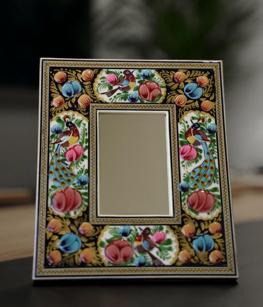Hand-Painted Mirror with Relief Enamel Frame – Bird & Bloom Design- Orange flowers (23×19 cm)