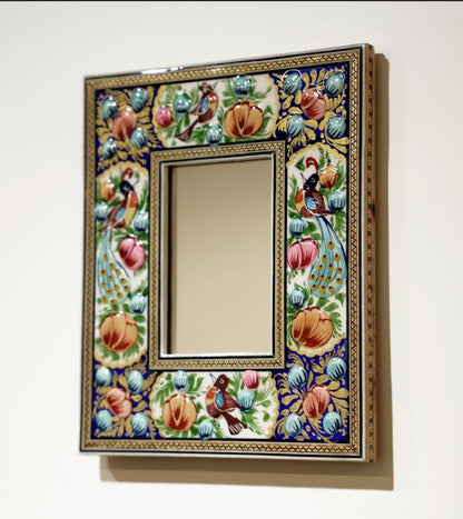 Hand-Painted Mirror with Relief Enamel Frame – Bird & Bloom Design- Light Blue flowers (23×19 cm)