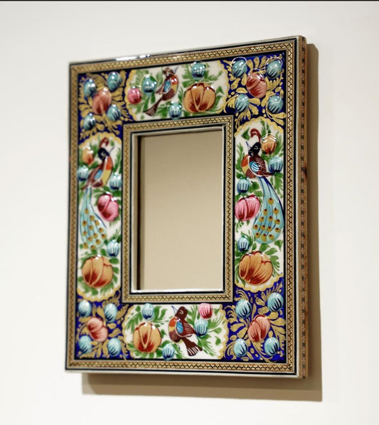 Hand-Painted Mirror with Relief Enamel Frame – Bird & Bloom Design- Light Blue flowers (23×19 cm)