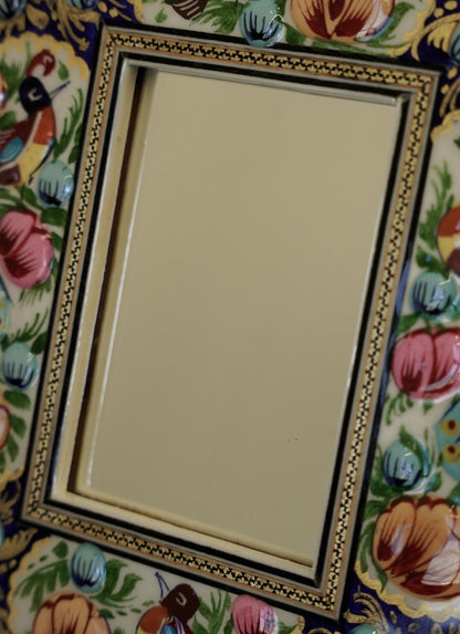 Hand-Painted Mirror with Relief Enamel Frame – Bird & Bloom Design- Light Blue flowers (23×19 cm)