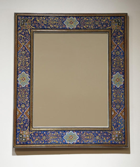 Handmade Tazhib Mirror – indigo| 40.5×34.5 cm with light blue flowers