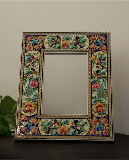Hand-Painted Mirror with Relief Enamel Frame – Bird & Bloom Design (28×23 cm) Orange lotus
