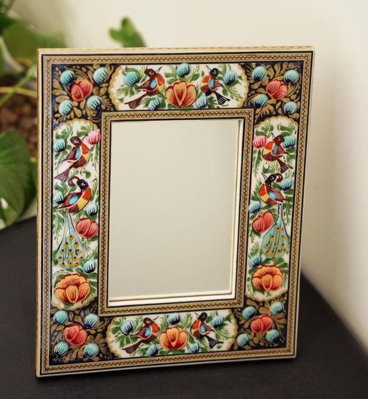 Hand-Painted Mirror with Relief Enamel Frame – Bird & Bloom Design (28×23 cm) Blue flowers and orange lotus