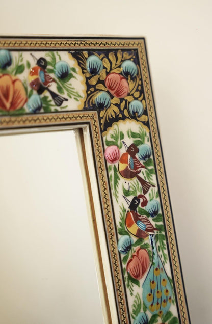 Hand-Painted Mirror with Relief Enamel Frame – Bird & Bloom Design (28×23 cm) Blue flowers and orange lotus
