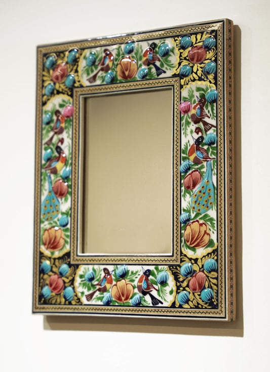 Hand-Painted Mirror with Relief Enamel Frame – Bird & Bloom Design (28×23 cm) Blue Flowers and orange Laleh