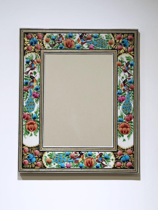 Hand-Painted Mirror with Relief Enamel Frame – Bird & Bloom Design (34x28cm) Orang and Pink