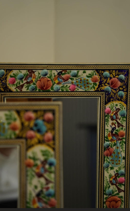 Hand-Painted Mirror with Relief Enamel Frame – Bird & Bloom Design (34×28 cm)  Orang Lotus