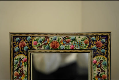 Hand-Painted Mirror with Relief Enamel Frame – Bird & Bloom Design (34×28 cm)  Orang Lotus