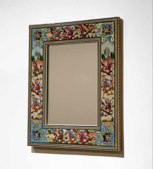Handmade Polo Scene Mirror – Turquoise | 33.5×28 cm