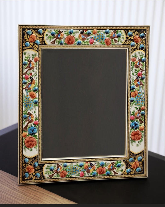 Hand-Painted Mirror with Relief Enamel Frame – Bird & Bloom Design (40.5×34.5cm) Blue flowers