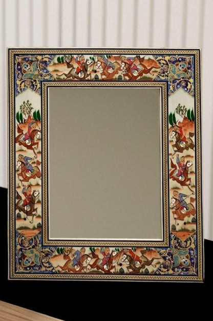 Handmade Polo Scene Mirror – Indigo | 33.5×28 cm
