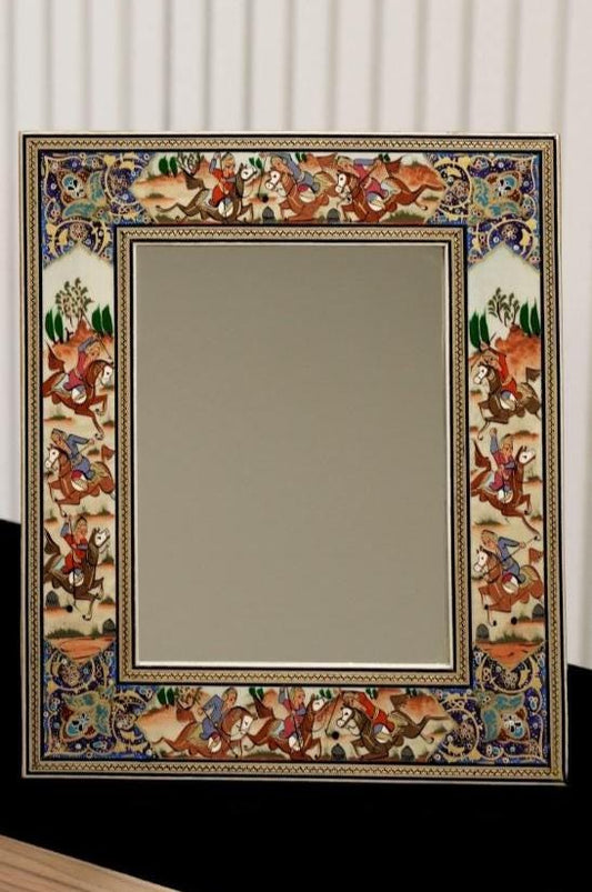 Handmade Polo Scene Mirror – Indigo | 33.5×28 cm