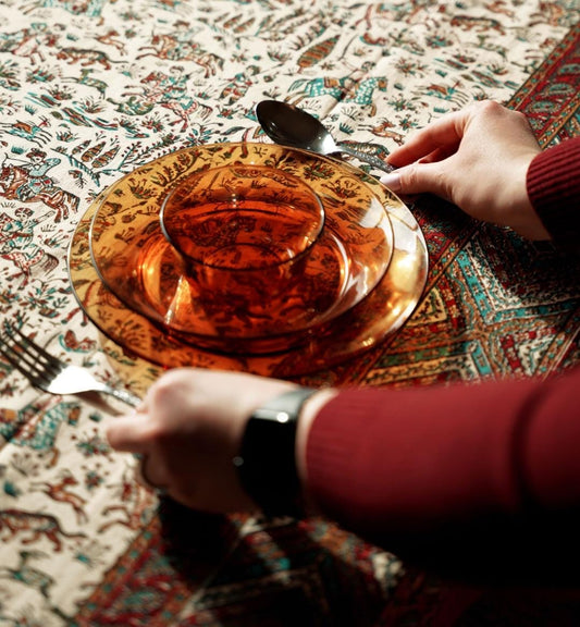 Handmade Block-Printed Tablecloth – Persian Hunting Scene | 2m × 1.35m