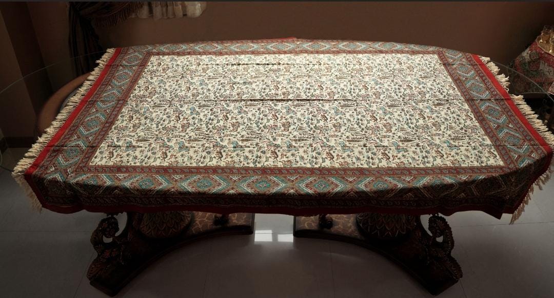 handmade block-printed tablecloth – persian hunting scene | 2m × 1.35m