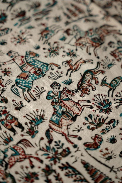 Handmade Block-Printed Tablecloth – Persian Hunting Scene | 2m × 1.35m