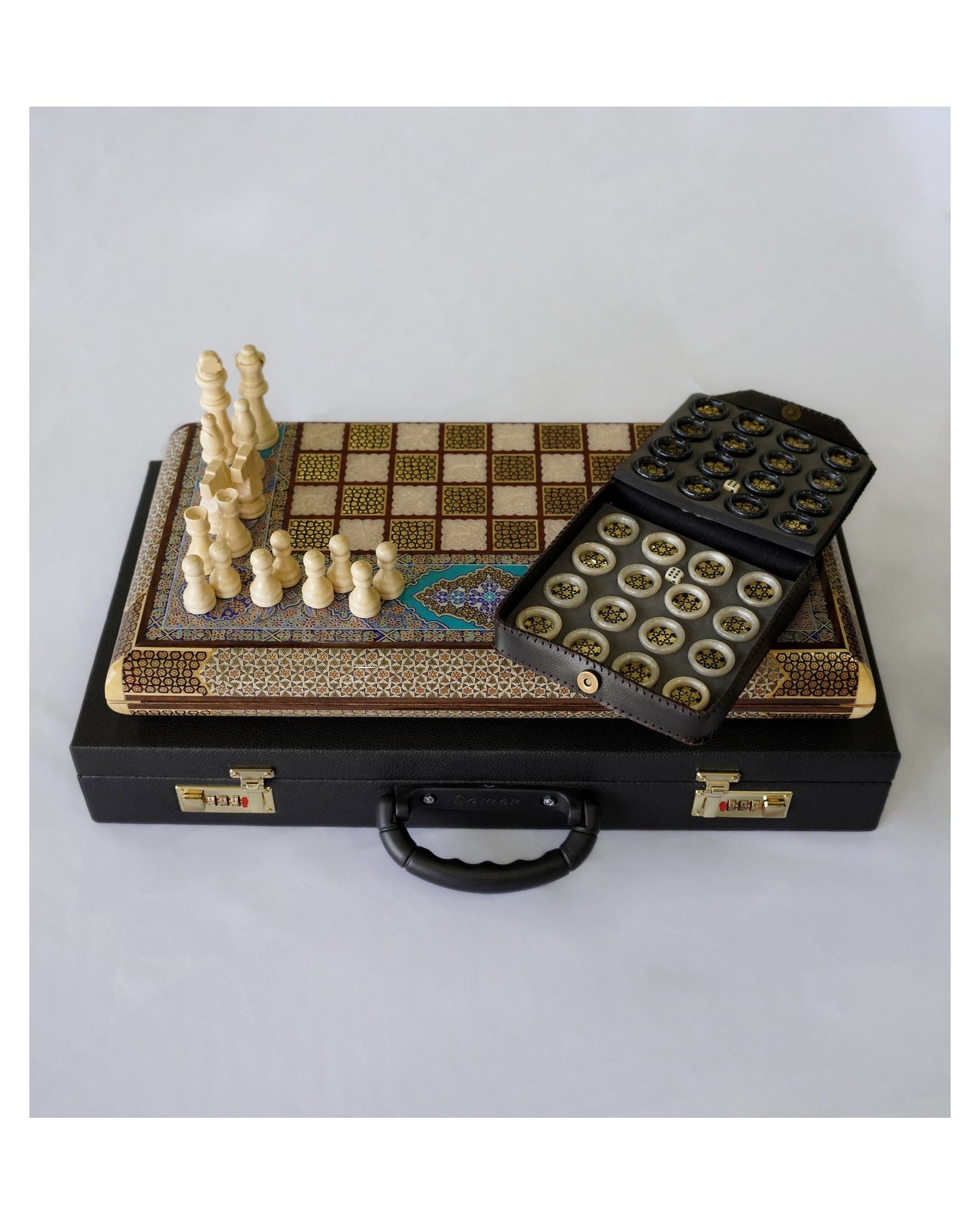 khatam chess & backgammon set – turquoise edition – luxury handcrafted art by pilardi